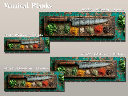 Rustic Kitchen Wall Art – Chef Knife Wood Print with Herbs on Peeling Paint