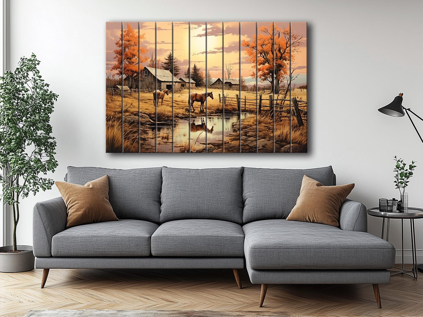 Midwestern Landscape Wood Print - Farmhouse Style Wood Plank Artwork Decor