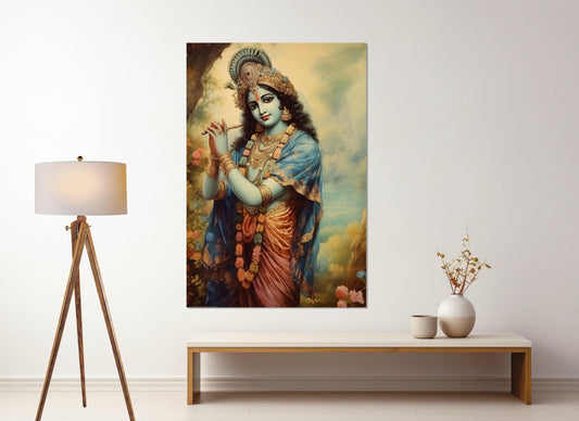 Lord Krishna Canvas Print, Indian Hindu God Painting, Indian Wall Art, Indian God Poster, Framed and Ready to Hang
