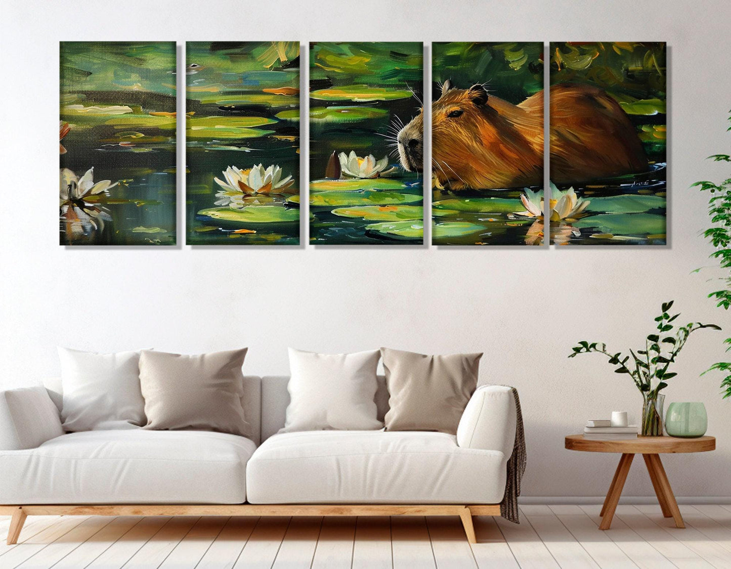 Capybara in the Lake with Water Lilies Painting Canvas Print, Modern Wall Art, Abstract Capybara Painting, Framed and Ready to Hang