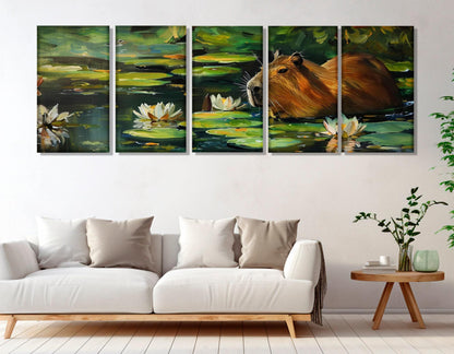 Capybara in the Lake with Water Lilies Painting Canvas Print, Modern Wall Art, Abstract Capybara Painting, Framed and Ready to Hang