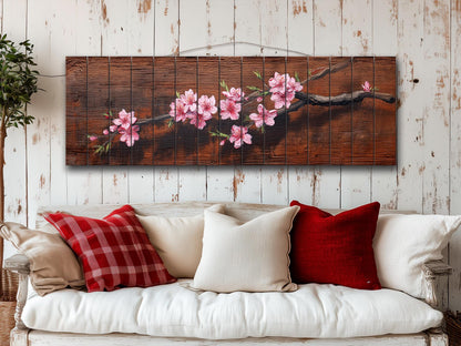 Sakura Branch Wood Art – Japanese Cherry Blossom Print on Natural Wood Wall Decor