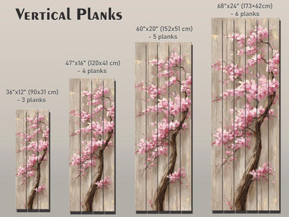 Cherry Blossom Tree with Cascading Pink Flowers Print on Natural Wood, Floral Wall Decor, Rustic Sakura Tree Painting, Floral Wall Art
