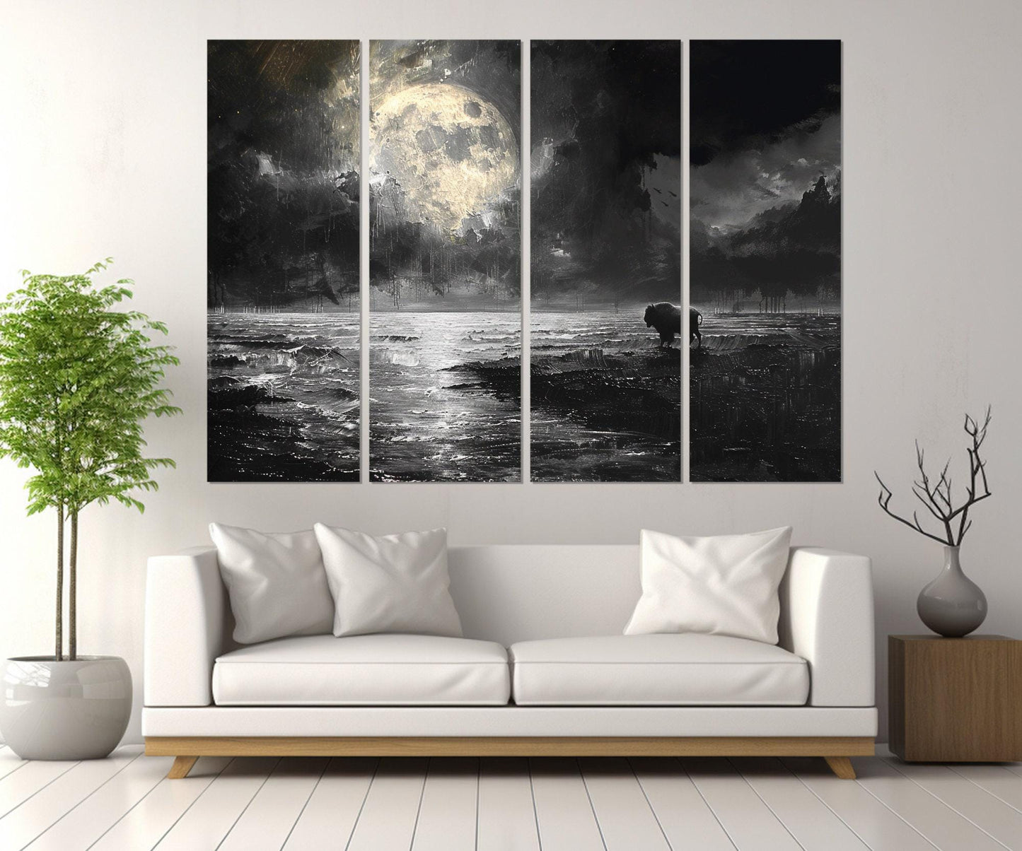 Moon Over Sea Canvas – Post-Apocalyptic Art Bison Print | Framed & Ready to Hang