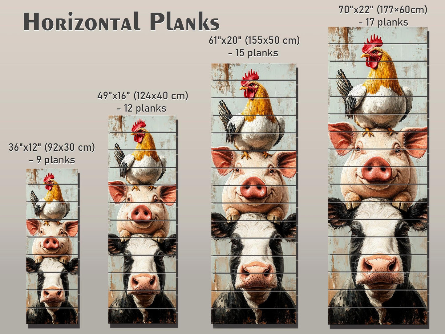 Farm Animal Wall Art – Rustic Farmhouse Decor Wooden Farm Print on Wood Planks