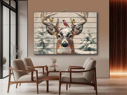 Snowy Deer Wall Art on Wood – Rustic Winter Scene, Cabin Decor