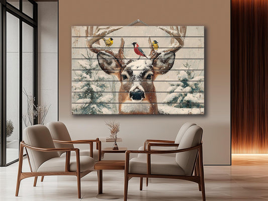 Snowy Deer Wall Art on Wood – Rustic Winter Scene, Cabin Decor
