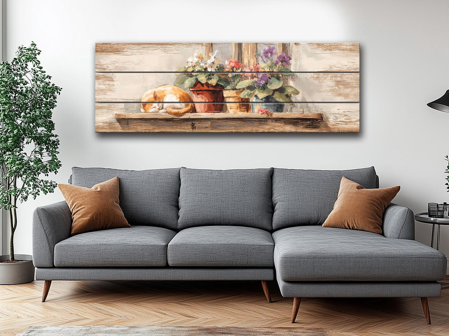 Farmhouse Wall Art - Cozy Sleeping Cat Print on Natural Wood Plank Artwork