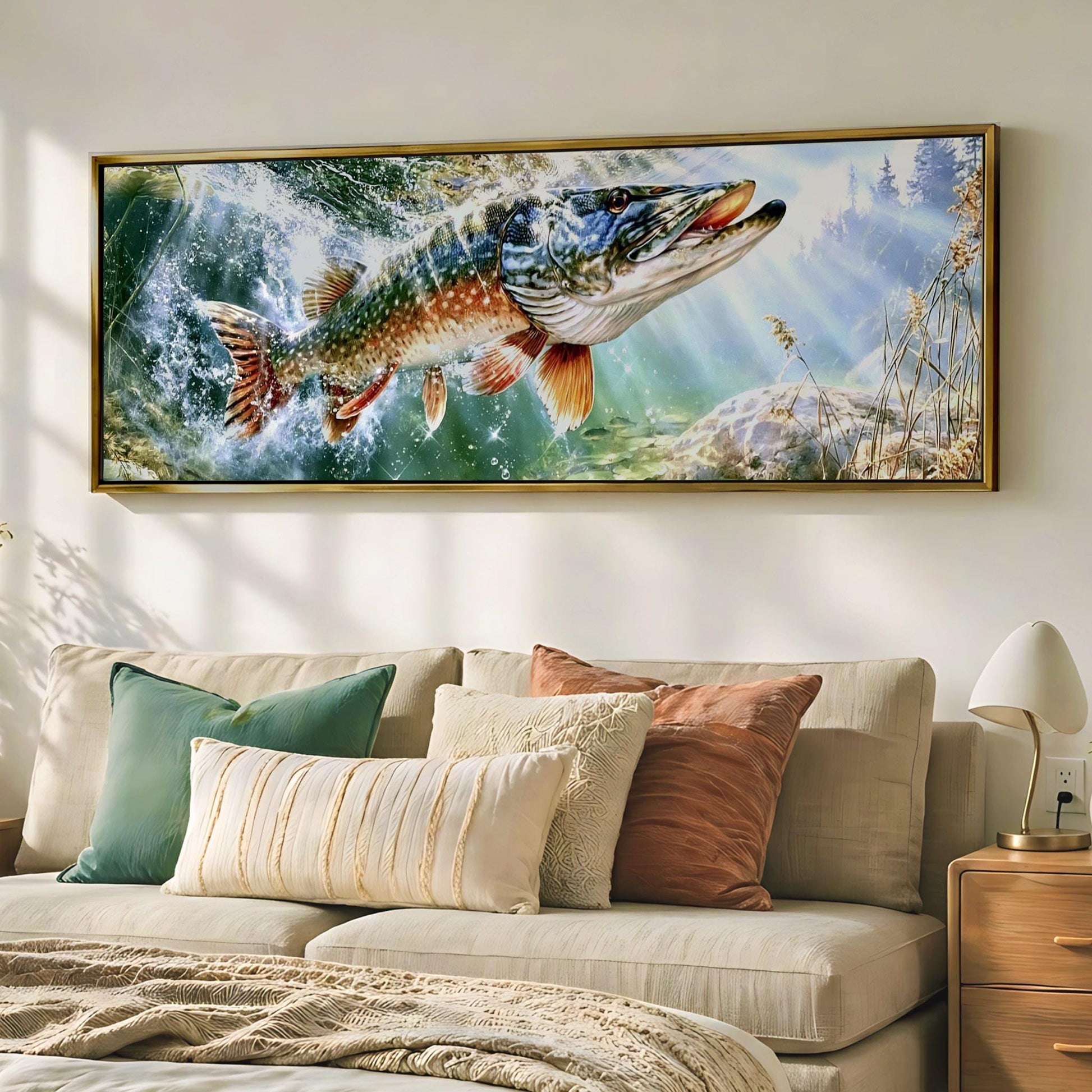 a large framed painting of a fish swimming in a body of water, hanging on a wall above a bed with pillows.