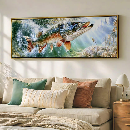 a large framed painting of a fish swimming in a body of water, hanging on a wall above a bed with pillows.
