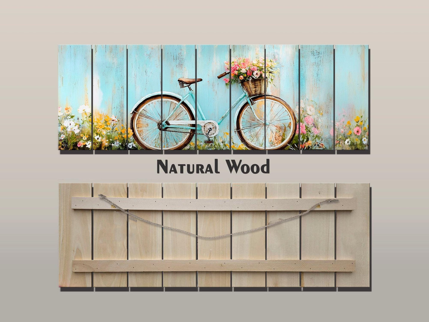 Vintage Bicycle Wall Art – Rustic Floral Print on Natural Wood Plank Art