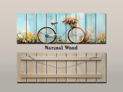 Vintage Bicycle Wall Art – Rustic Floral Print on Natural Wood Plank Art