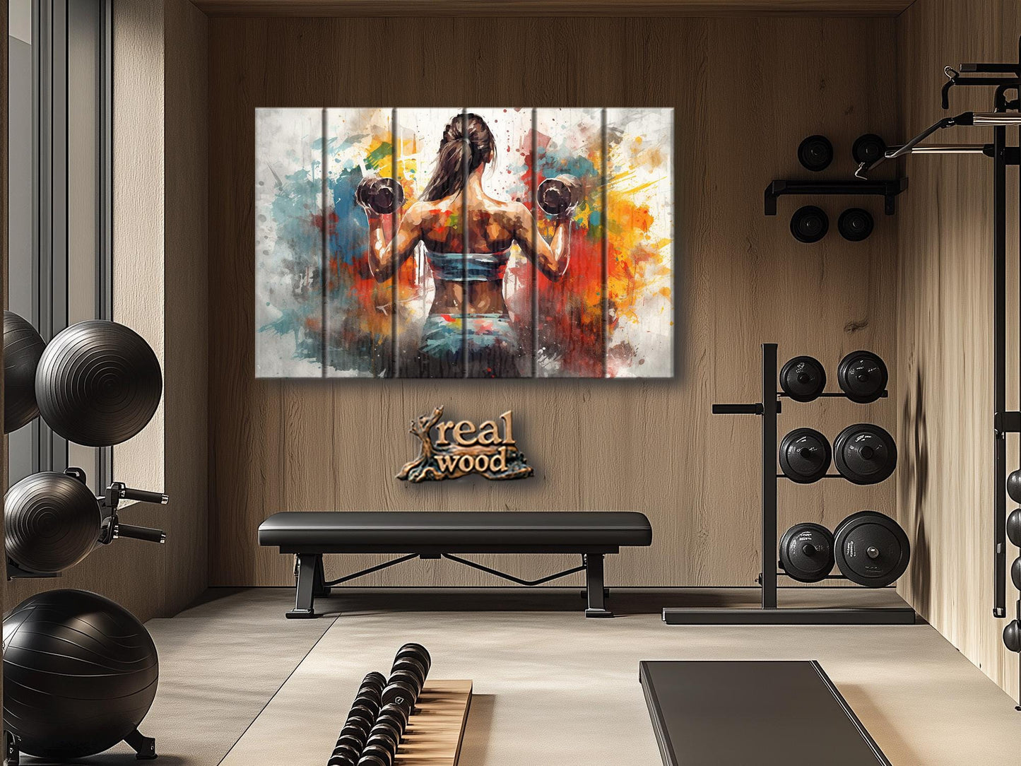 Girl with Dumbbells Painting – Wooden Gym Wall Art | Fitness Motivation Print