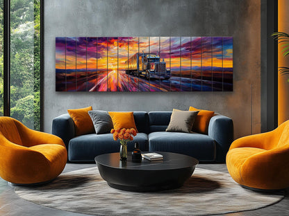 Truck on Highway Print On Natural Wood - Logistics Wall Art