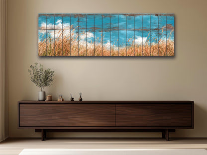 Wheat Field Print Wood – Rustic Landscape Painting | Farmhouse Wall Art Decor