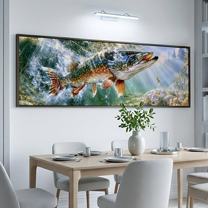 a large, framed painting of a fish swimming in a body of water, hanging on a wall above a dining table with chairs.