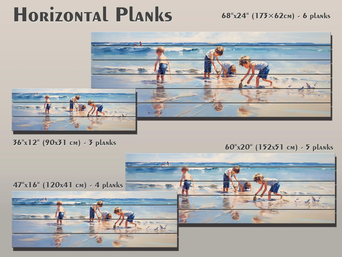 Wood Wall Art – Large Beach Wall Decor with Kids Playing on the Beach Print