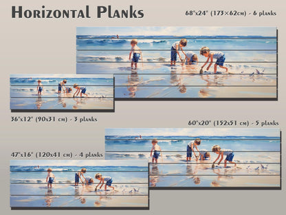 Wood Wall Art – Large Beach Wall Decor with Kids Playing on the Beach Print