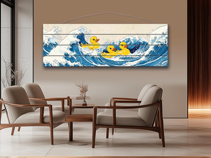 Rubber Ducks on The Great Wave off Kanagawa Print on Natural Wood – Fun Wall Art