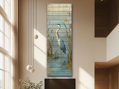 Wood Wall Art – Graceful Heron Print on Natural Wood Planks | Rustic Cabin Decor