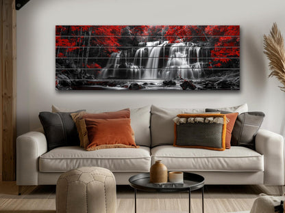 Wood Wall Art – Abstract Black White Waterfall Red Forest Print on Natural Wood