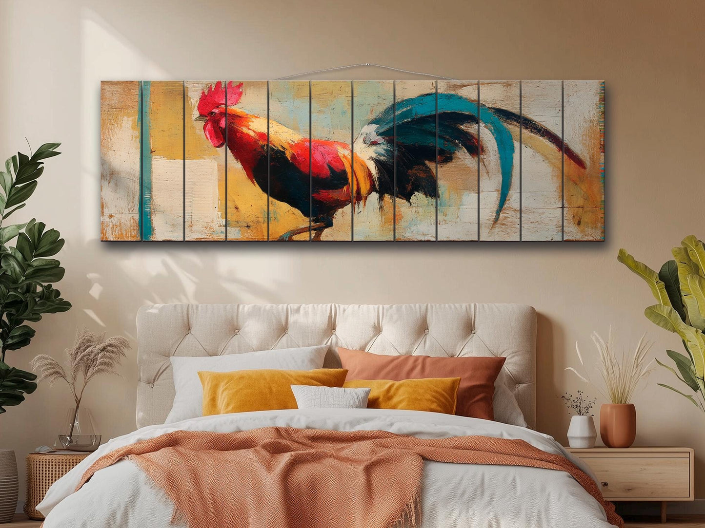 Rustic Rooster Print on Natural Wood, Rooster Painting, Chicken Farm Decor, Farmhouse Wall Decor, Wood Wall Art, Cozy Cabin Wall Decor
