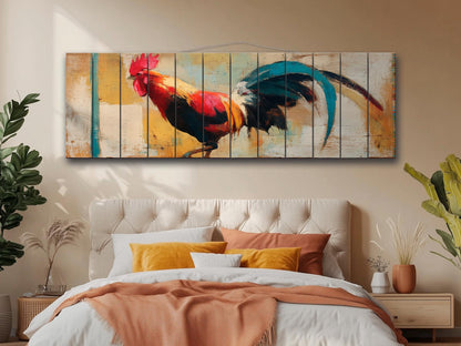Rustic Rooster Print on Natural Wood, Rooster Painting, Chicken Farm Decor, Farmhouse Wall Decor, Wood Wall Art, Cozy Cabin Wall Decor
