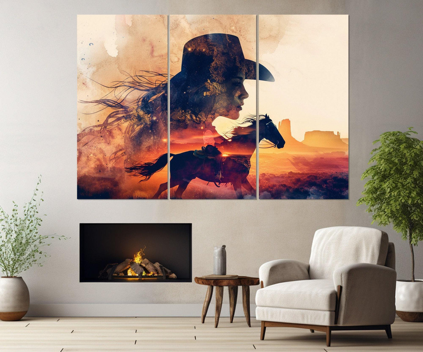 Cowgirl Horse Canvas Print - Abstract Western Wall Art | Framed Ready to Hang