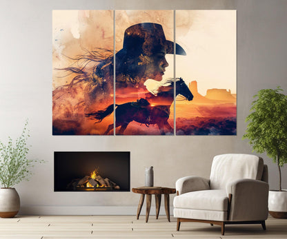 Cowgirl Horse Canvas Print - Abstract Western Wall Art | Framed Ready to Hang