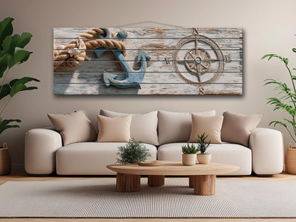 Nautical Anchor Wall Art – Rustic Coastal Wood Print With Rope Compass Design