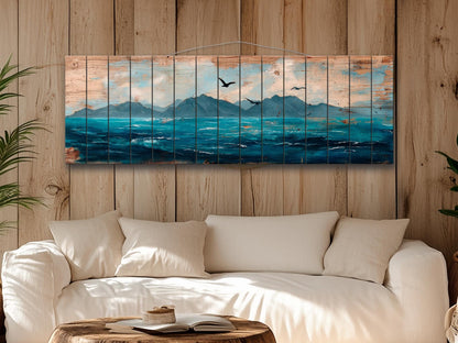 Scenic Wood Wall Art - Ocean with Mountains and Seagulls Painting Printed on Natural Wood, Nautical Wall Art, Rustic Sea Painting Print