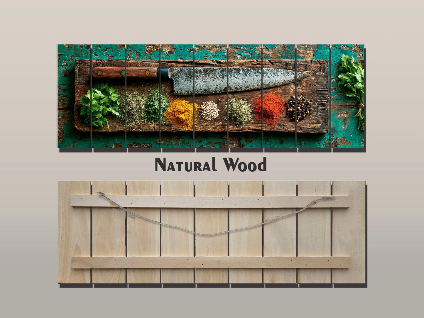 Rustic Kitchen Wall Art – Chef Knife Wood Print with Herbs on Peeling Paint