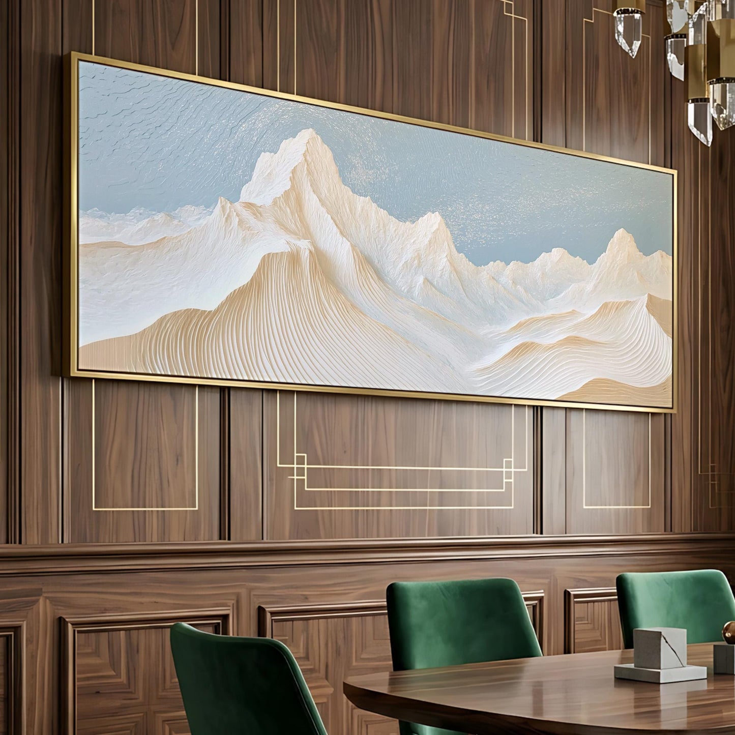 a large, framed painting of a mountain landscape hanging on a wooden wall. The painting is displayed above a wooden dining table with green chairs.
