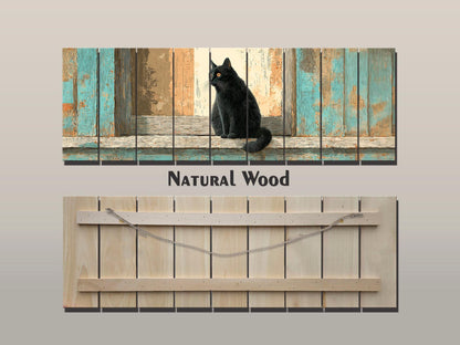 Black Cat Wood Art – Rustic Wood Print | Cozy Beige Aqua Wall Decor