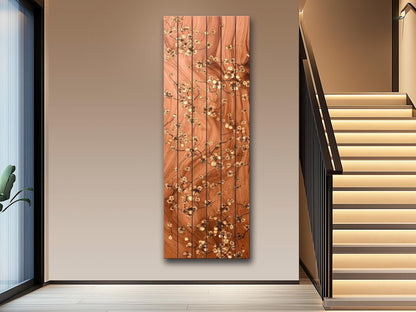 Japanese Blossoms Wall Art – Elegant Brass Inlay Floral Wood Print Decor