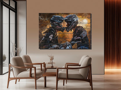 Motocross Wood Art - Couple Bikers Kissing Print on Natural Wood Plank