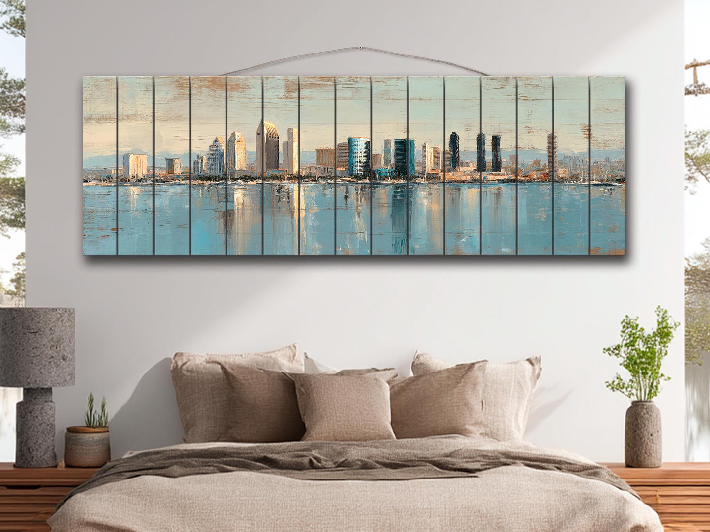 San Diego Skyline Wood Print – Rustic Wood Art | Beige Blue Wall Art, Harbor Oil Painting