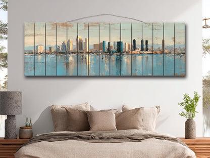 San Diego Skyline Wood Print – Rustic Wood Art | Beige Blue Wall Art, Harbor Oil Painting