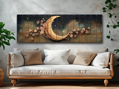 Crescent Moon Wall Art – Rustic Wood Print With Flowers | Boho Nursery Decor