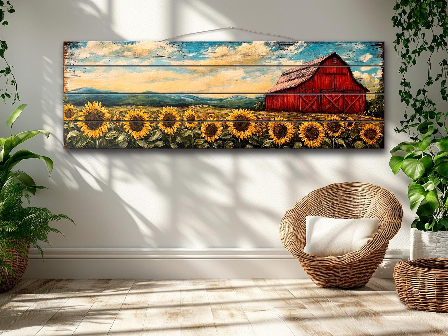 Rustic Wooden Wall Art – Old Red Barn on Sunflowers Field Print, Natural Wood Decor