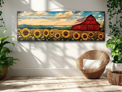 Rustic Wooden Wall Art – Old Red Barn on Sunflowers Field Print, Natural Wood Decor