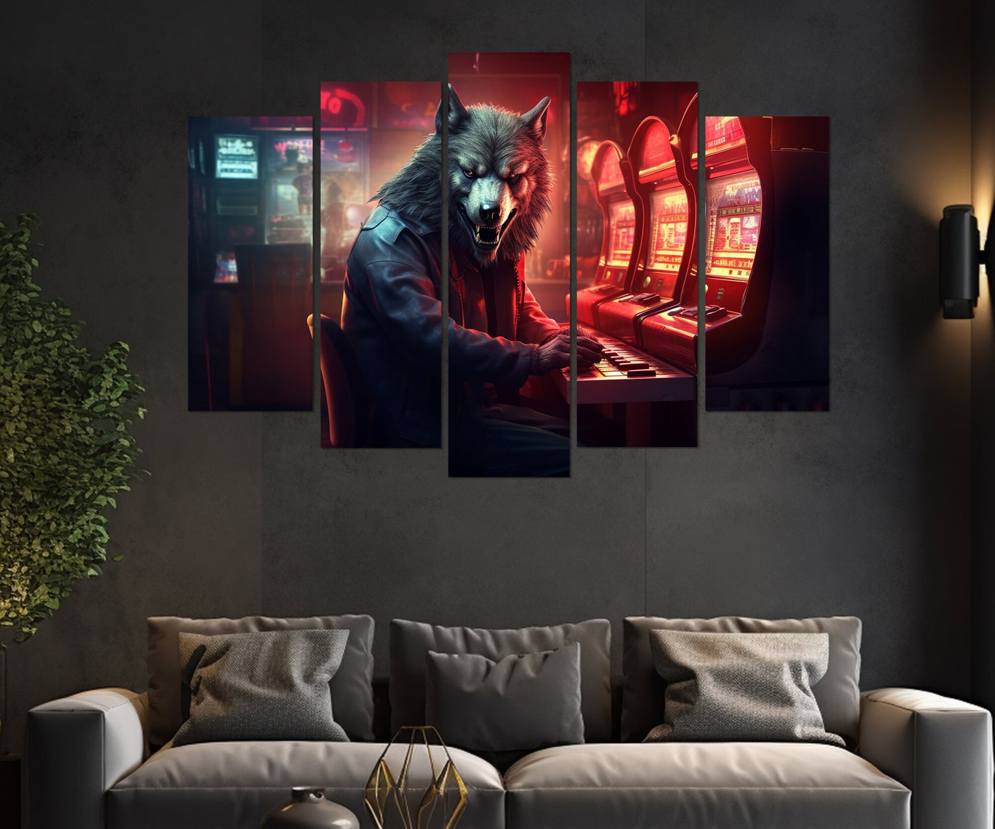 Wolf Canvas Print - Funny Angry Wolf Playing Slot Machines | Casino Wall Art Ready to Hang