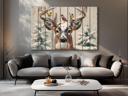 Snowy Deer Wall Art on Wood – Rustic Winter Scene, Cabin Decor
