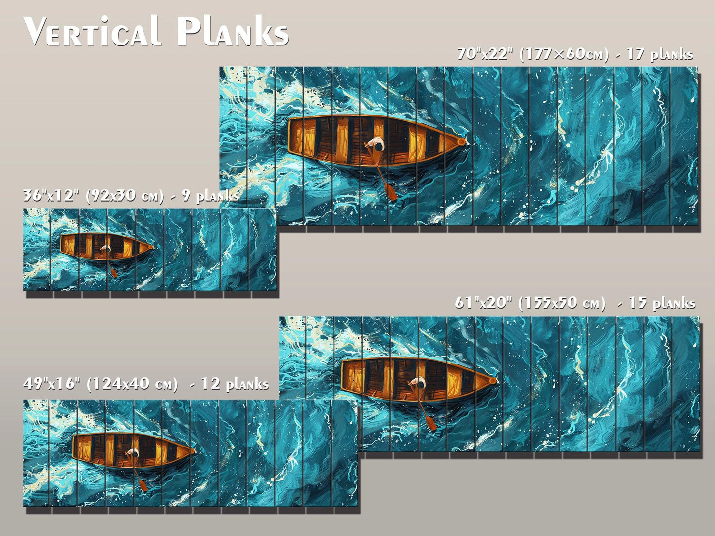 Wood Wall Art – Overhead Rowboat Print on Natural Wood Planks | Colorful Rustic Decor