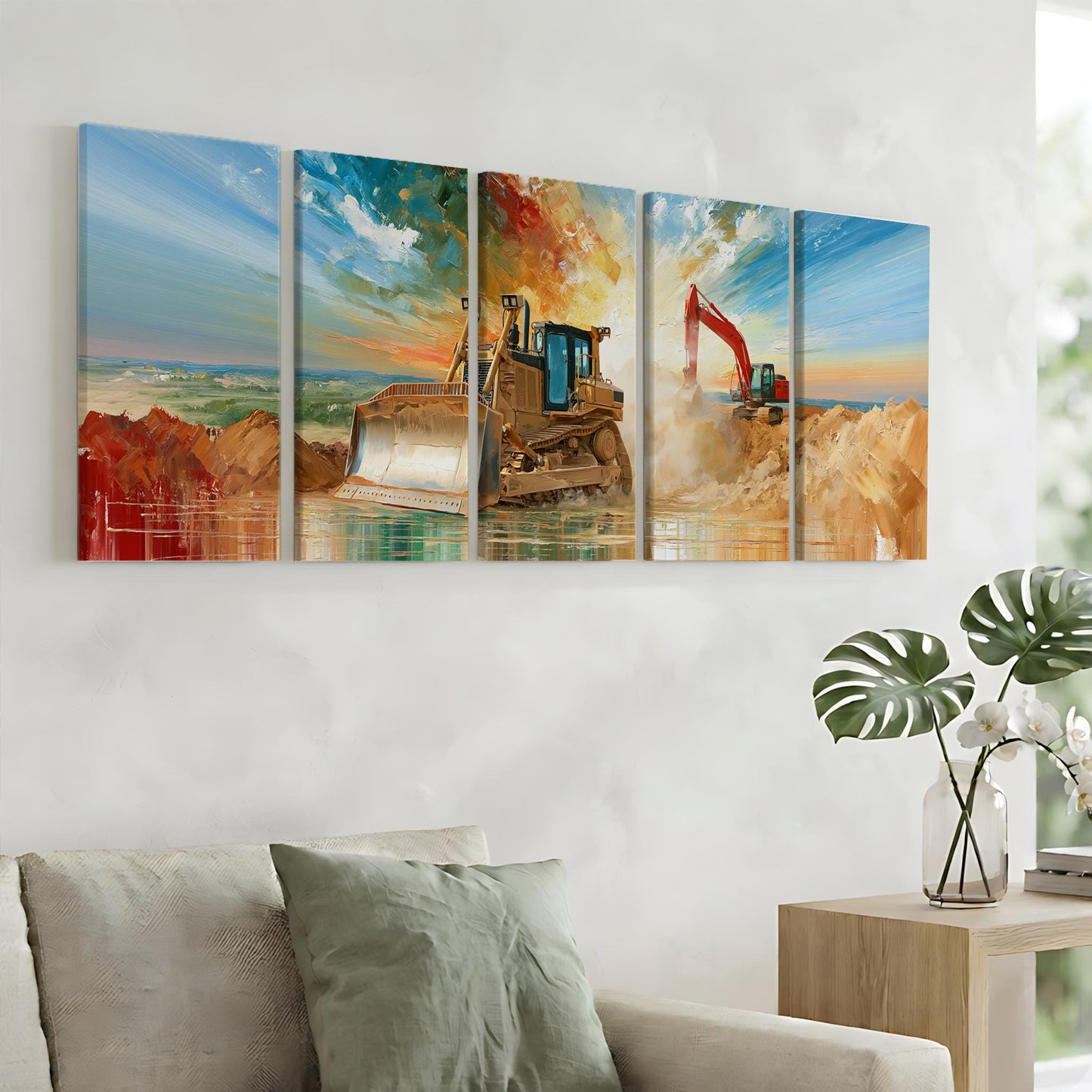 a large, colorful painting of a bulldozer on a construction site, hanging on a wall above a couch in a living room.