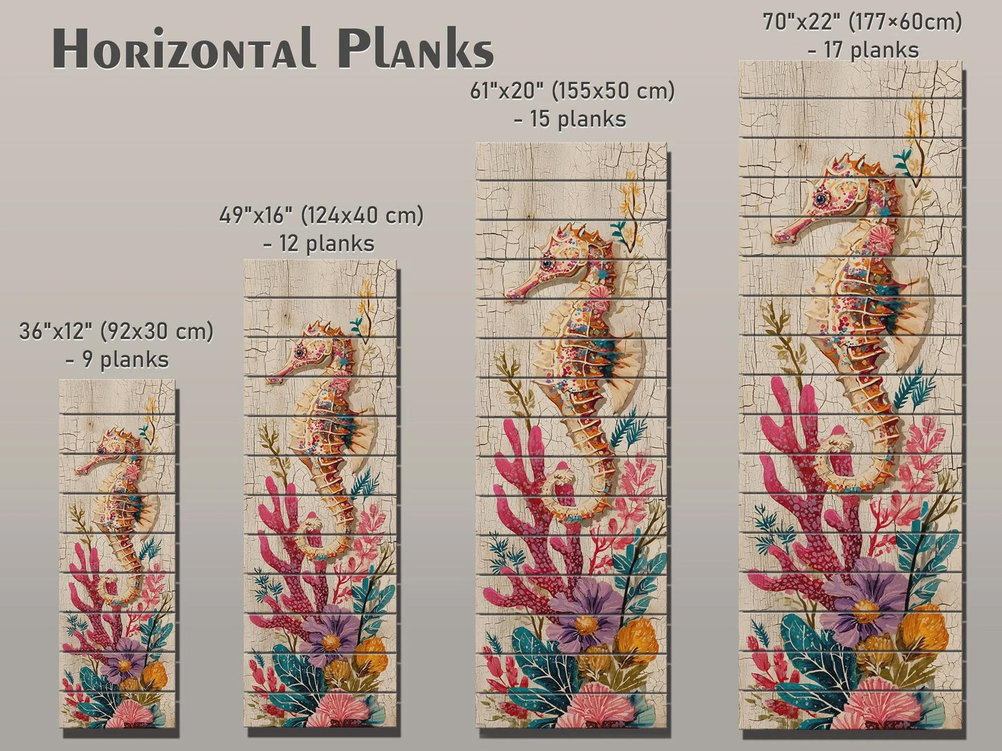 Rustic Nautical Wall Art – Seahorse Wood Print on Natural Wood Plank – Coastal Decor