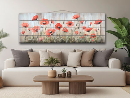Wood Wall Art – Whimsical Field of Wild Poppies Dancing in the Breeze, Poppies Wall Art, Rustic Floral Wall Decor