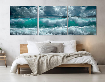 Sea Painting Canvas | Large Ocean Waves Panoramic Wall Art - Ready to Hang