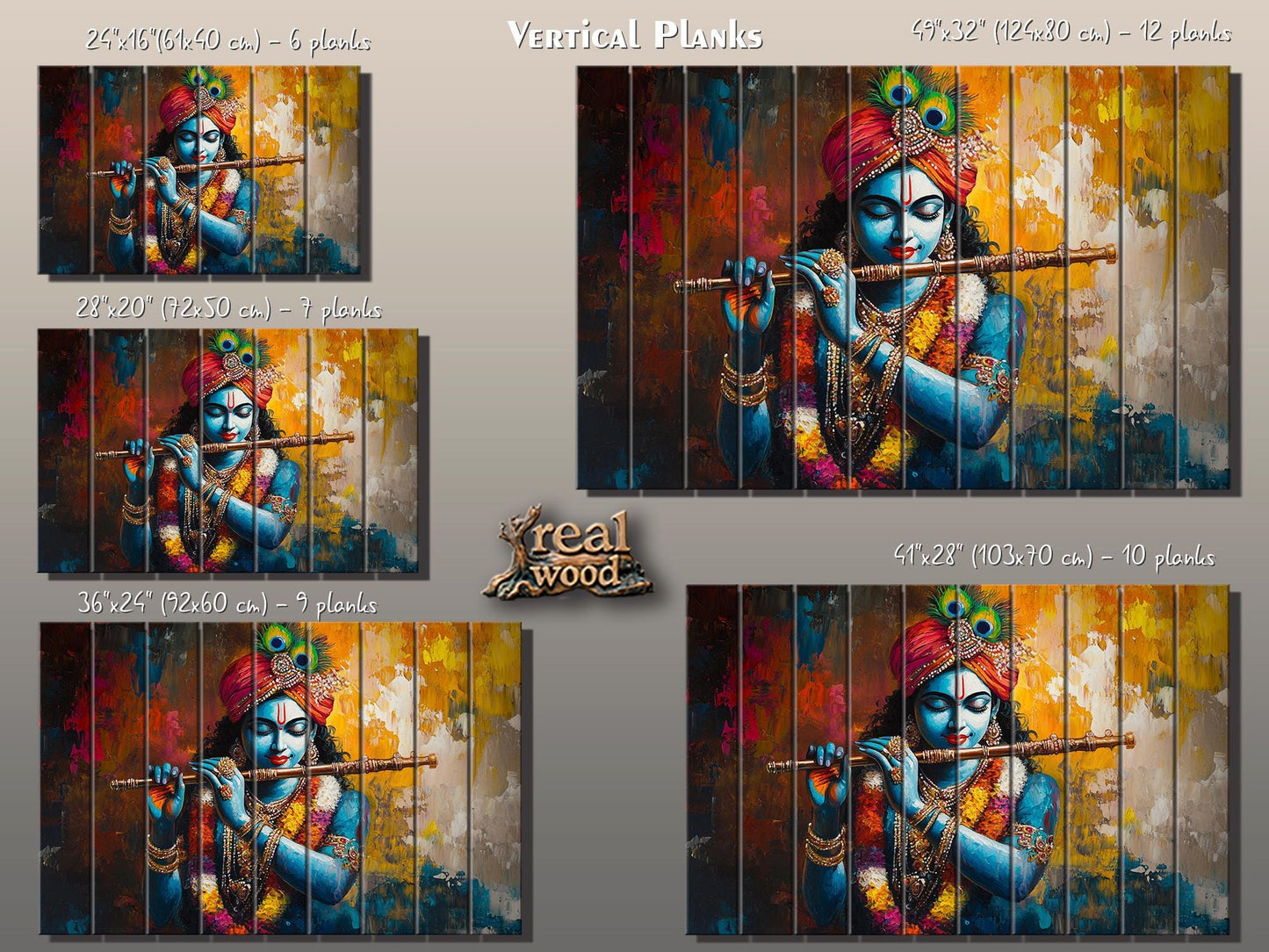 Lord Krishna with Flute Print on Natural Wood, Indian Hindu God Painting, Rustic Indian Wall Art, Lord Krishna Painting, Wood in Interior