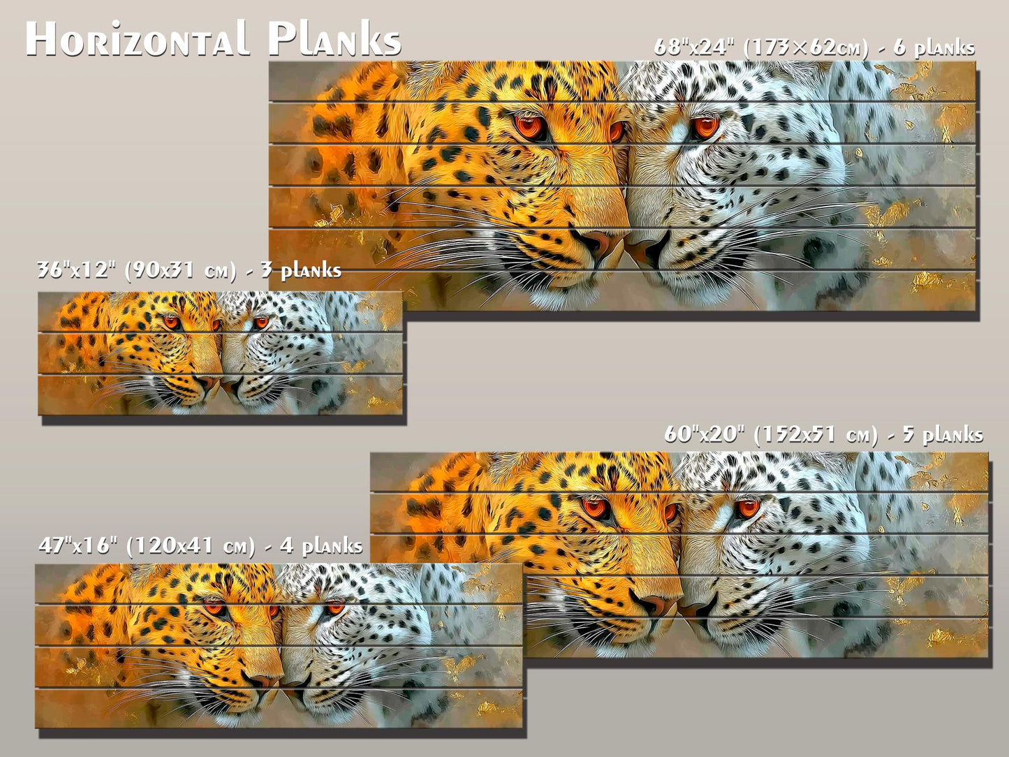 Leopard Couple Print on Natural Wood, Majestic Wildlife Romantic Wall Art